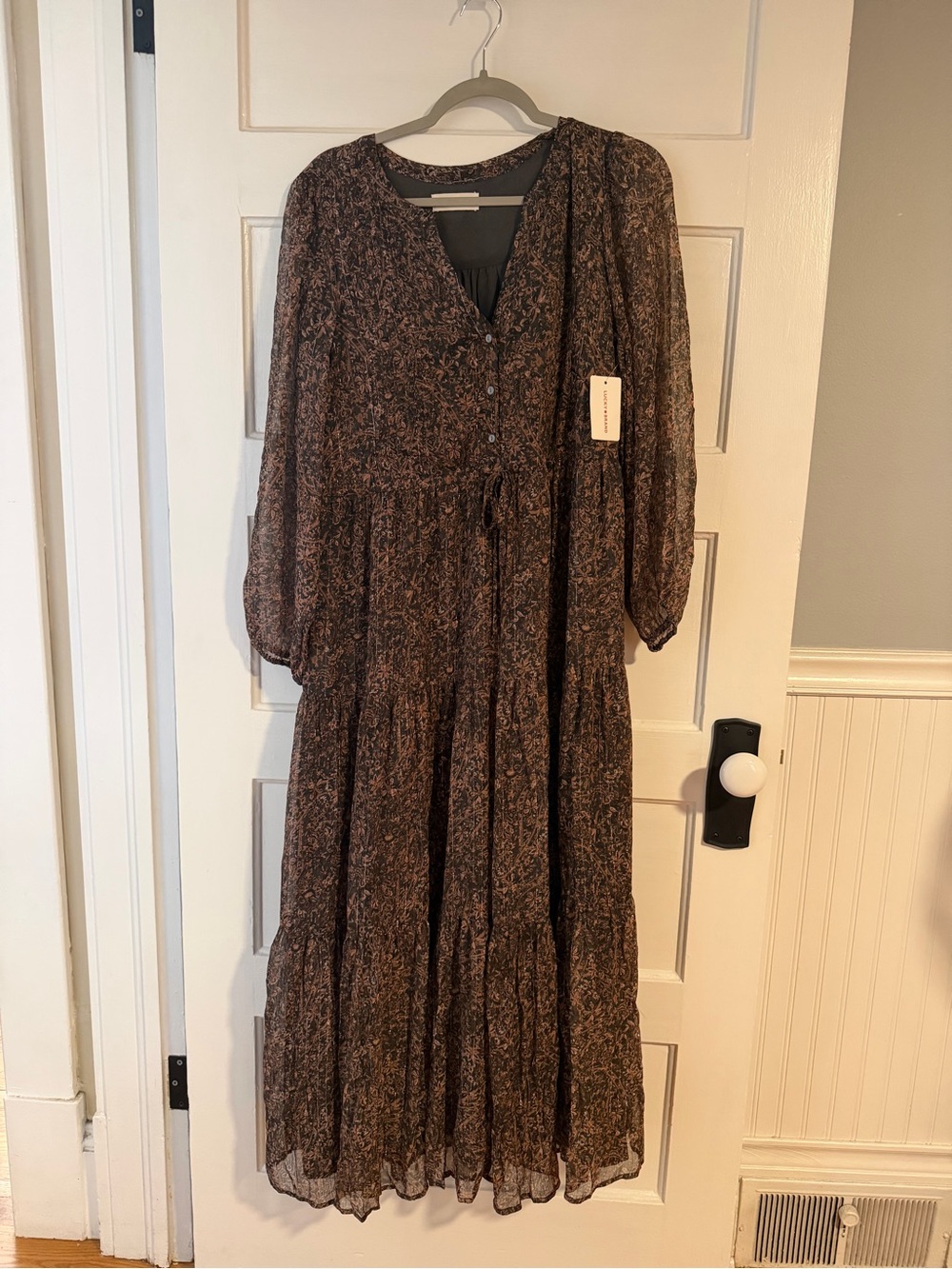 Lucky Brand Printed Shine Chiffon Maxi Dress Tiered Size Medium